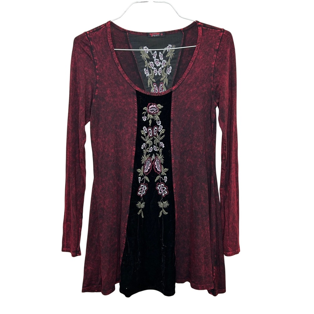 Tunic Top Womens Small Burgundy Acid Wash Velvet Floral Embroidered Whimsigoth